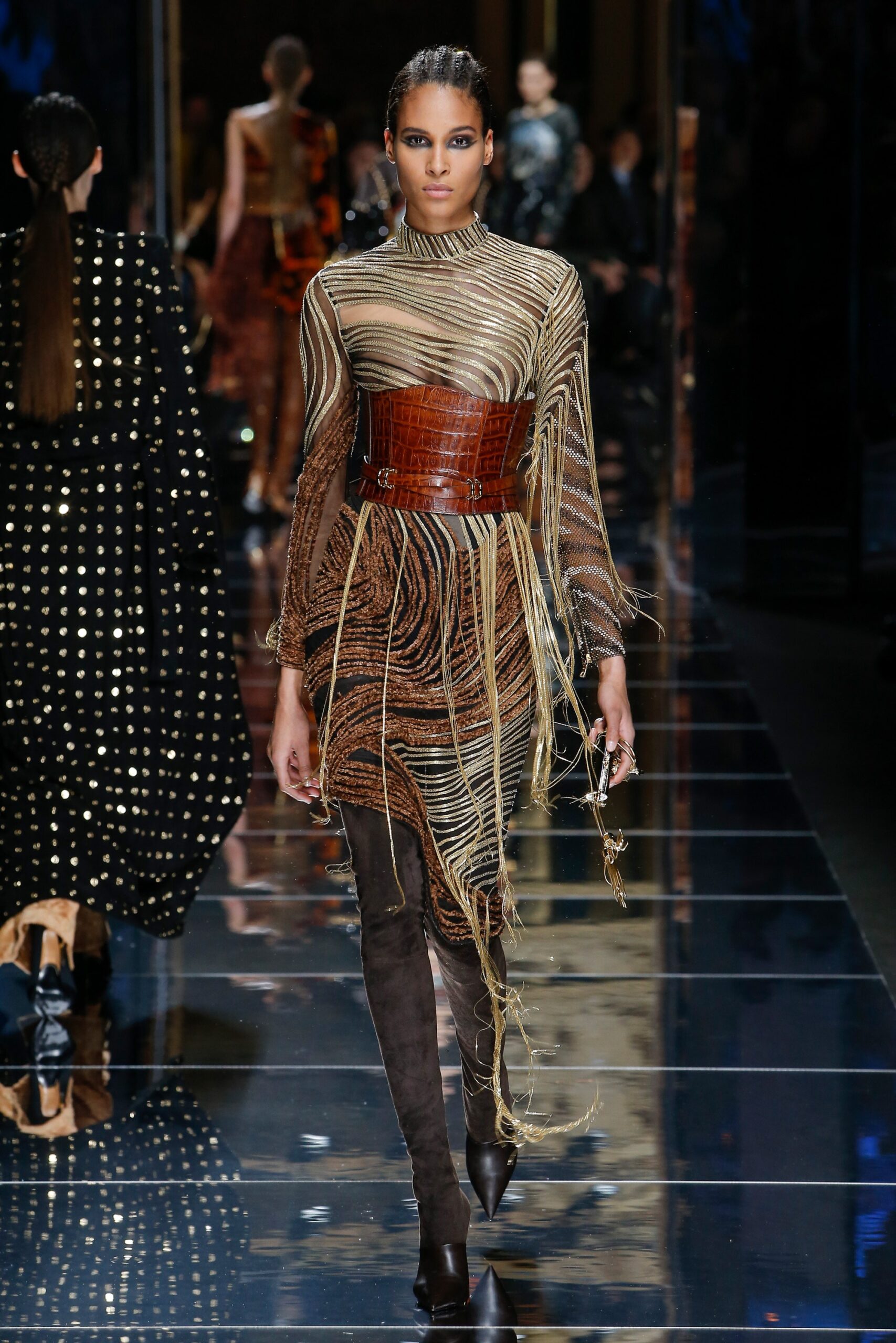 brown and gold fringed mini dress