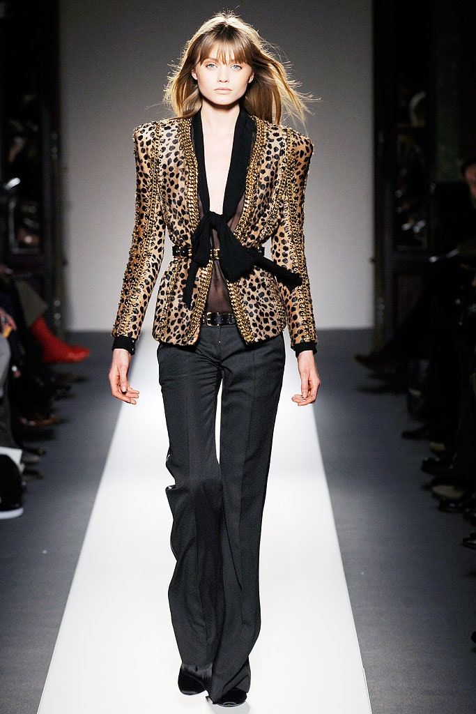 gold silk long-sleeve collared tailored animal-print buttoned blazer