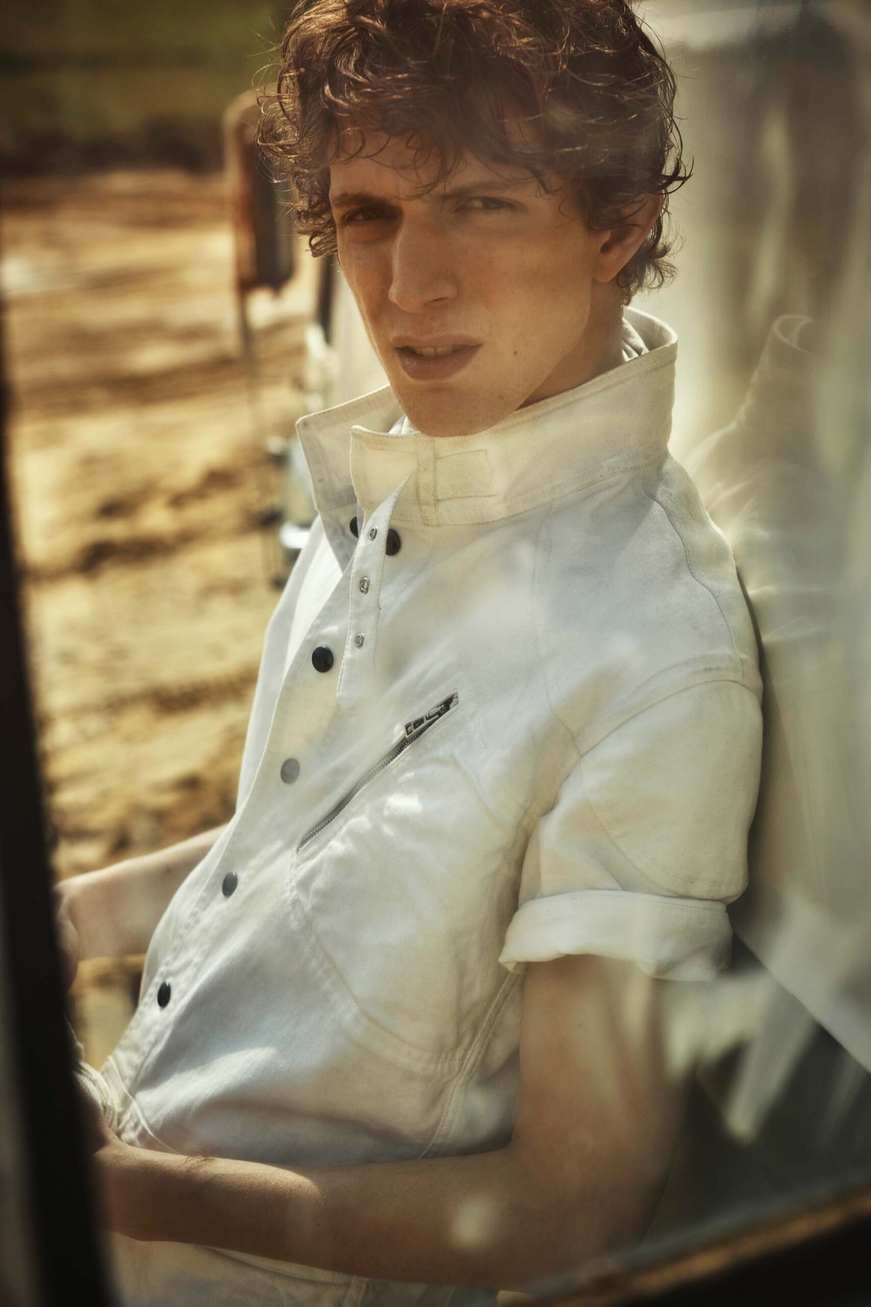 white denim high-neck shirt