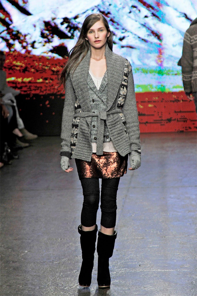 gray cardigan with orange sequin skirt