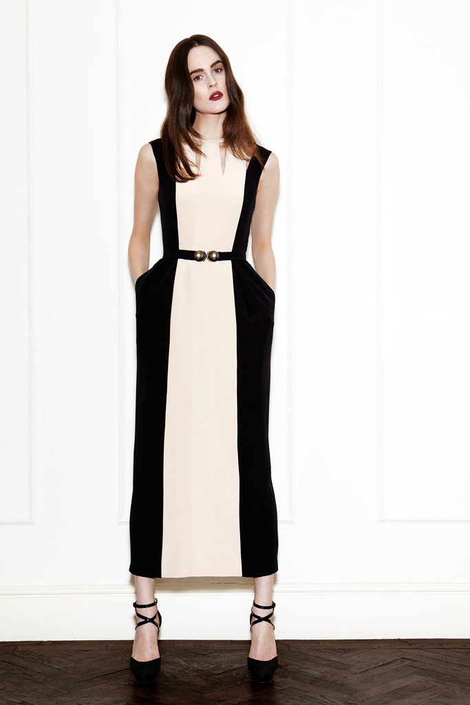 fitted black and beige midi dress