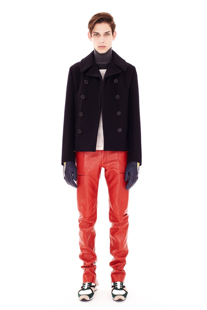 black wool jacket red leather pants