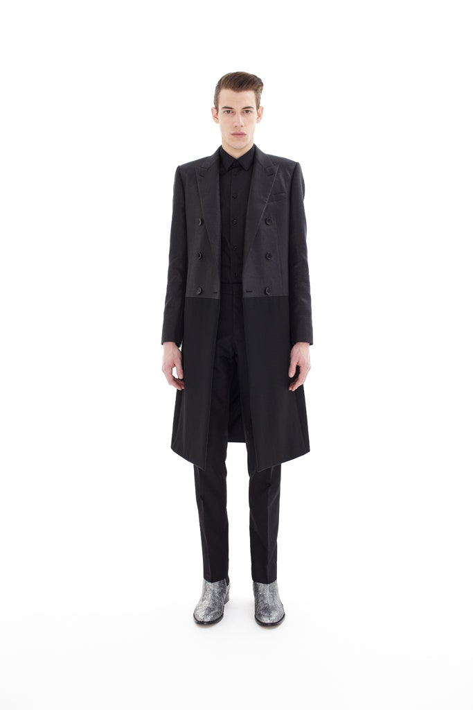 black tailored suit with silver shoes
