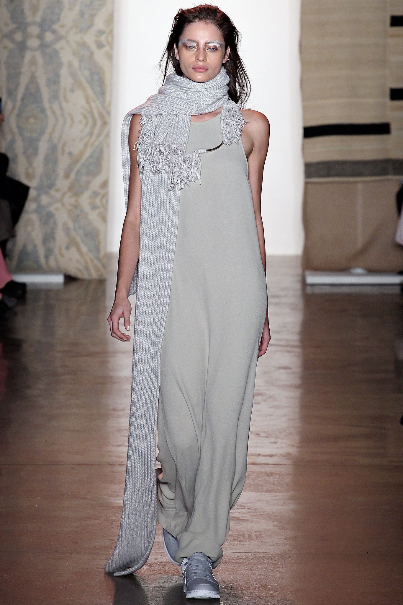 gray cotton sleeveless high-neck relaxed straight-leg maxi dress