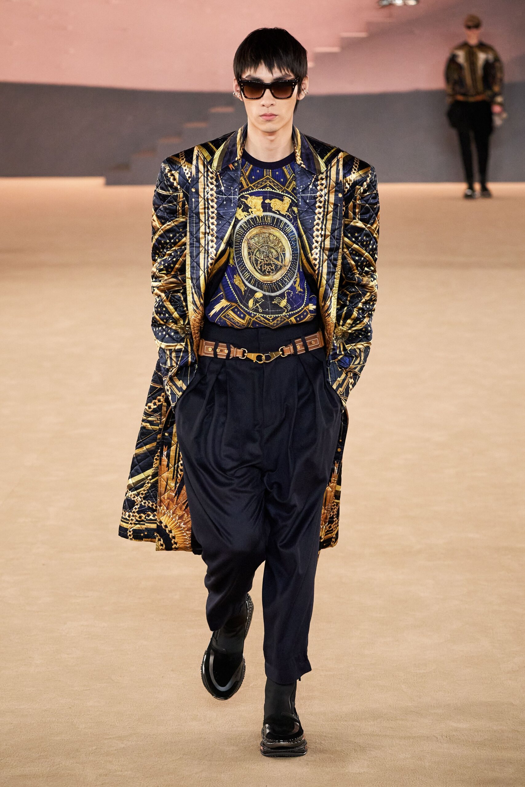 blue embroidered coat with fitted top