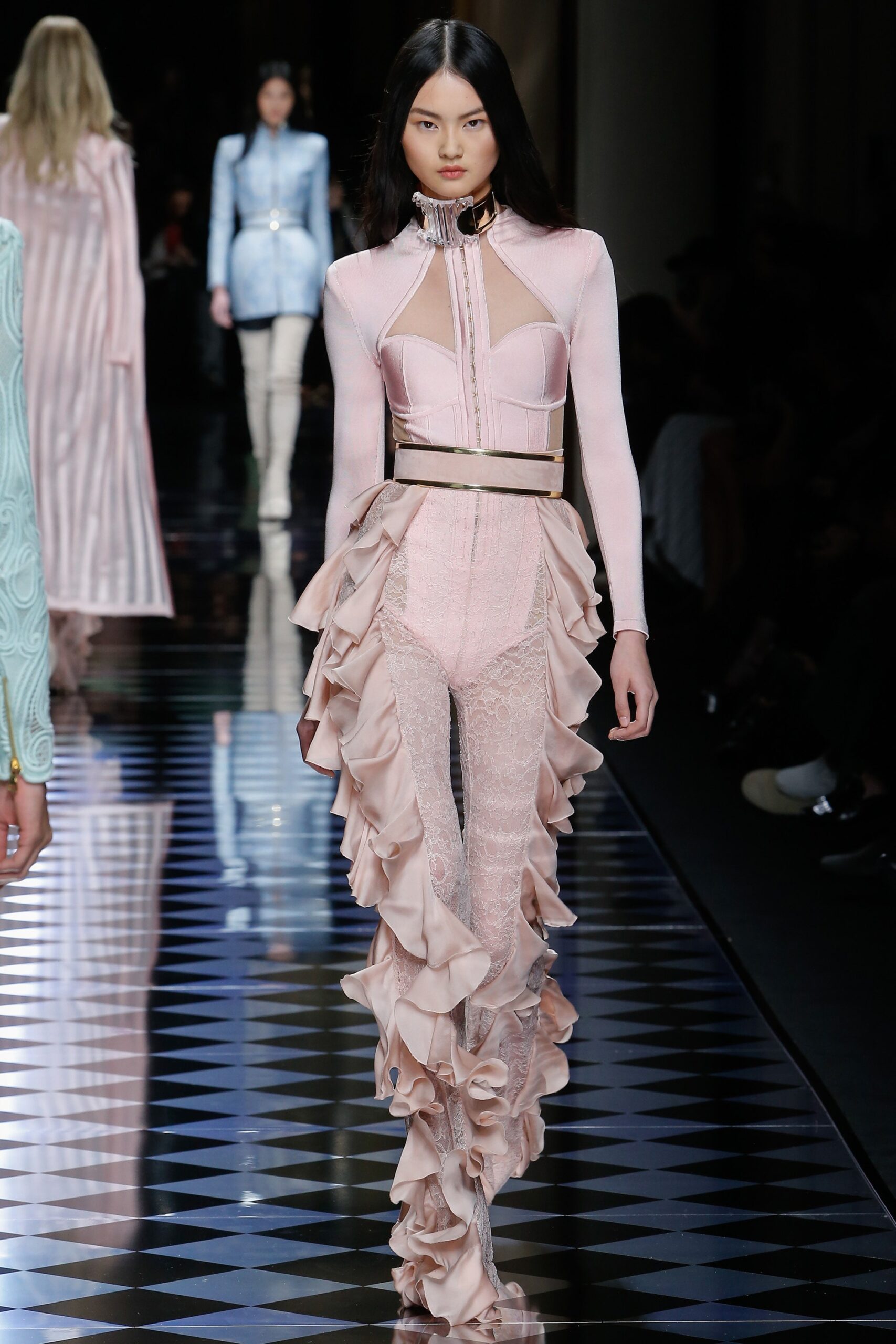 pink ruffled fitted jumpsuit