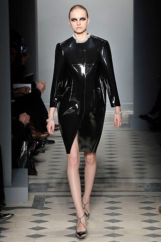 black vinyl fitted dress