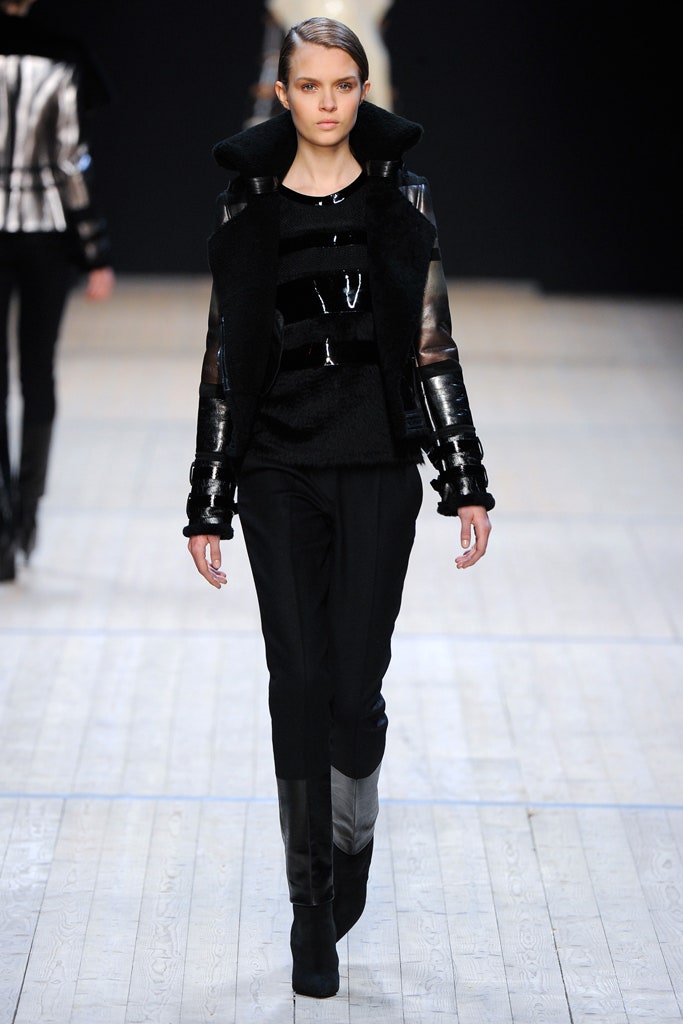 black wool long-sleeve collared fitted textured top