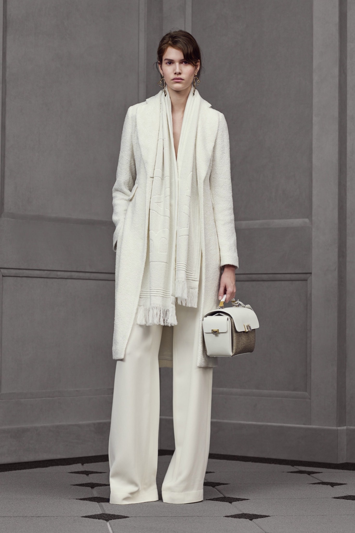 white wool coat and pants