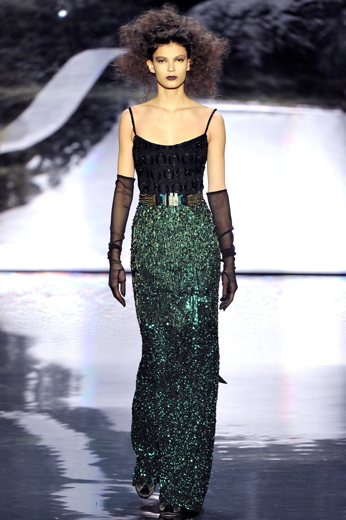 green sequin sleeveless v-neck fitted layered shiny gown