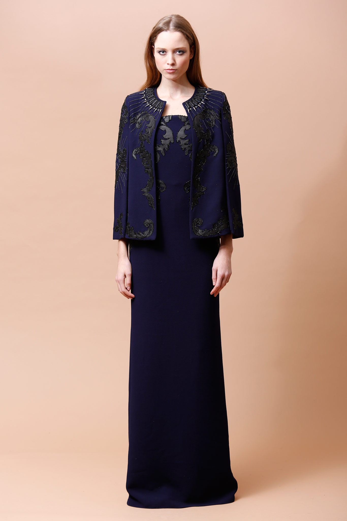 navy silk gown with embellished jacket