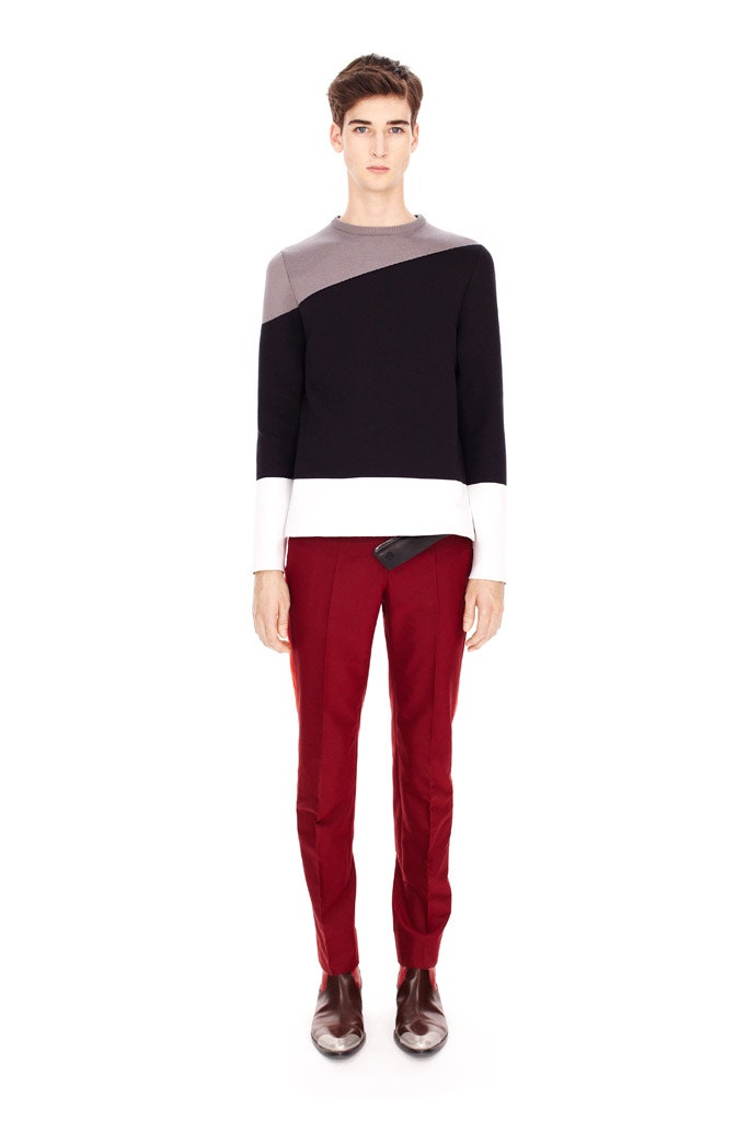 red wool tailored straight-leg pants