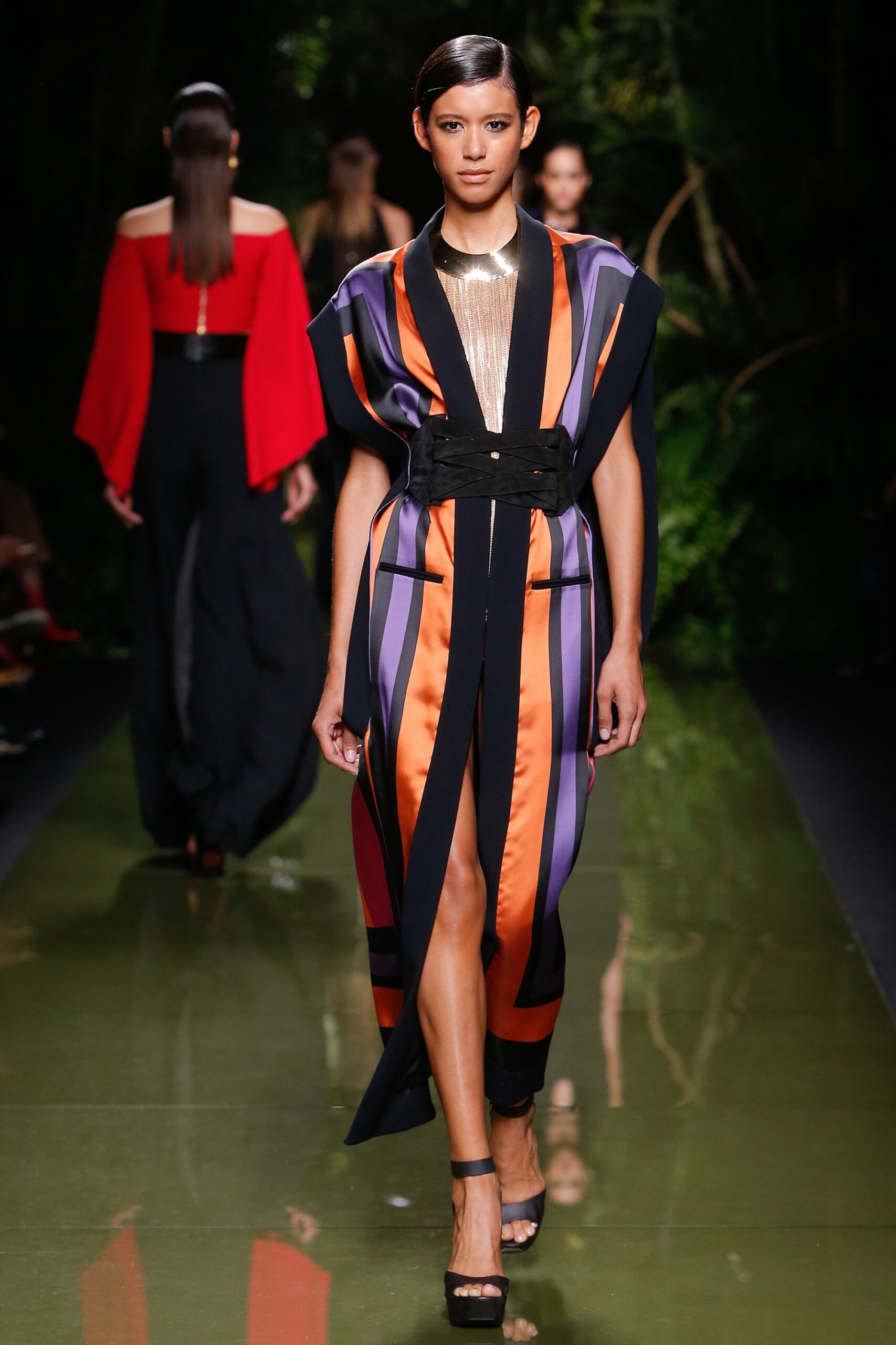 purple and orange color-blocked dress