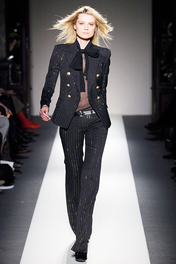 black wool tailored straight-leg striped shiny pants