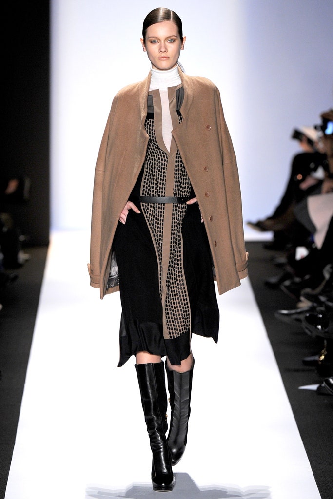 brown wool coat black midi dress