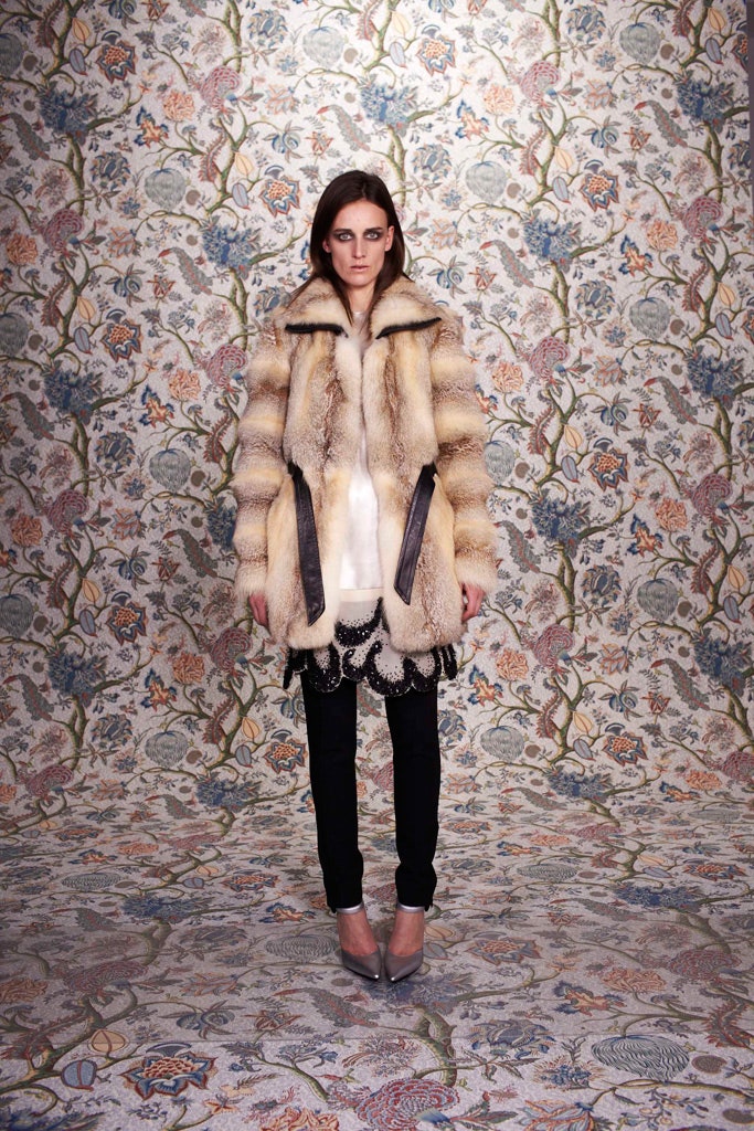 beige fur coat with silk top