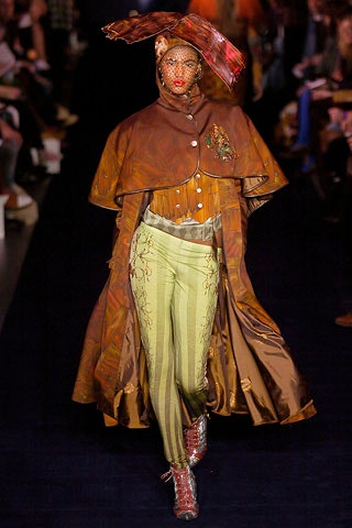 brown silk cape with green pants