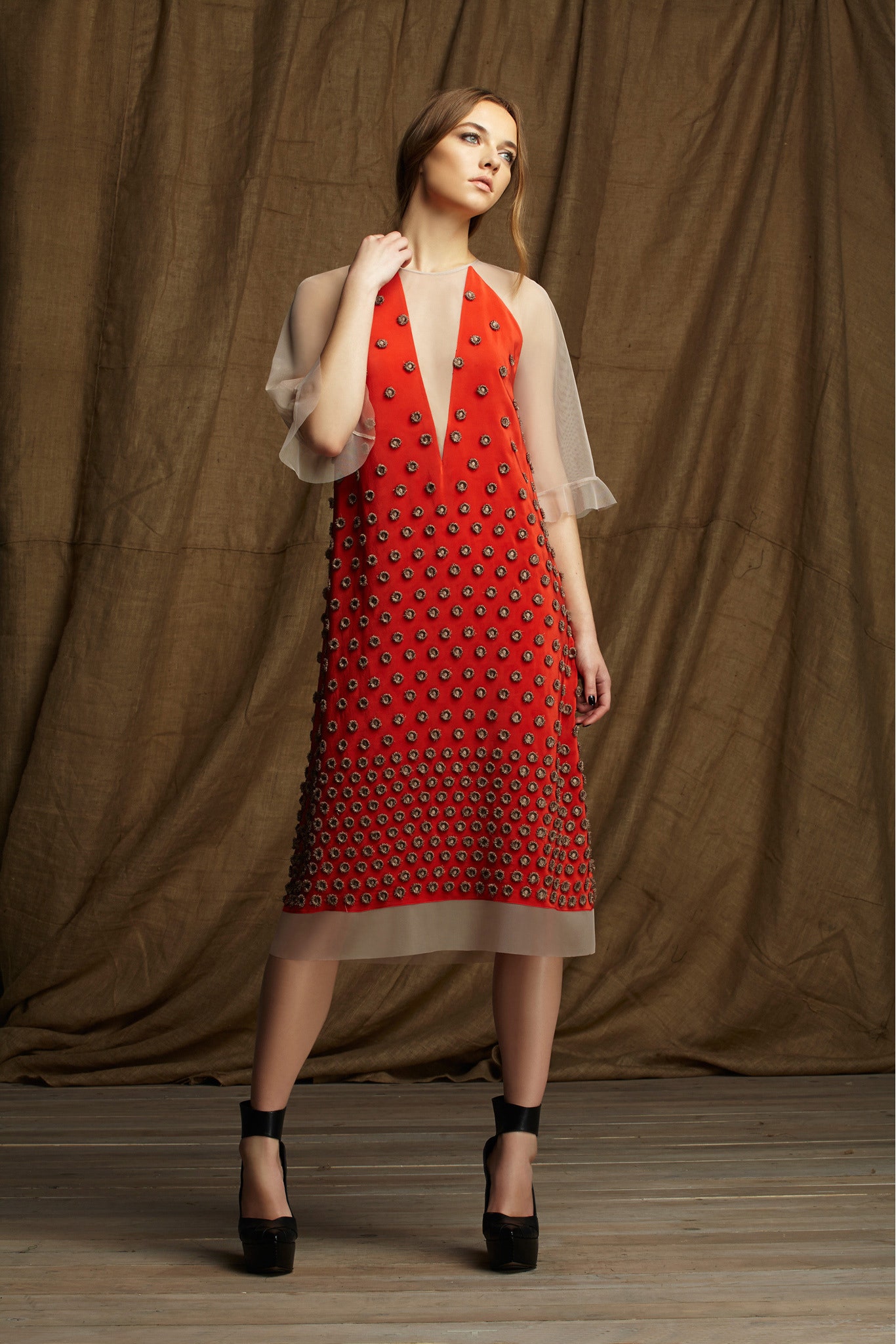 red silk sleeveless dress