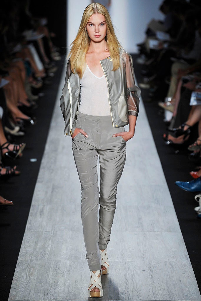 fitted gray silk jacket and pants