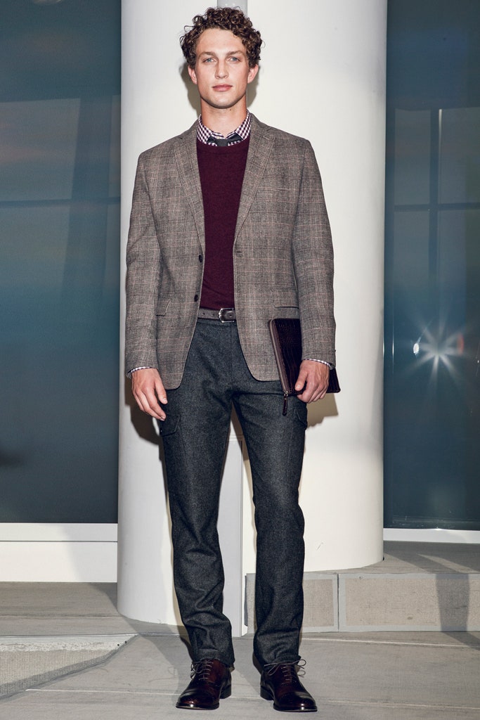 brown checked blazer with maroon sweater