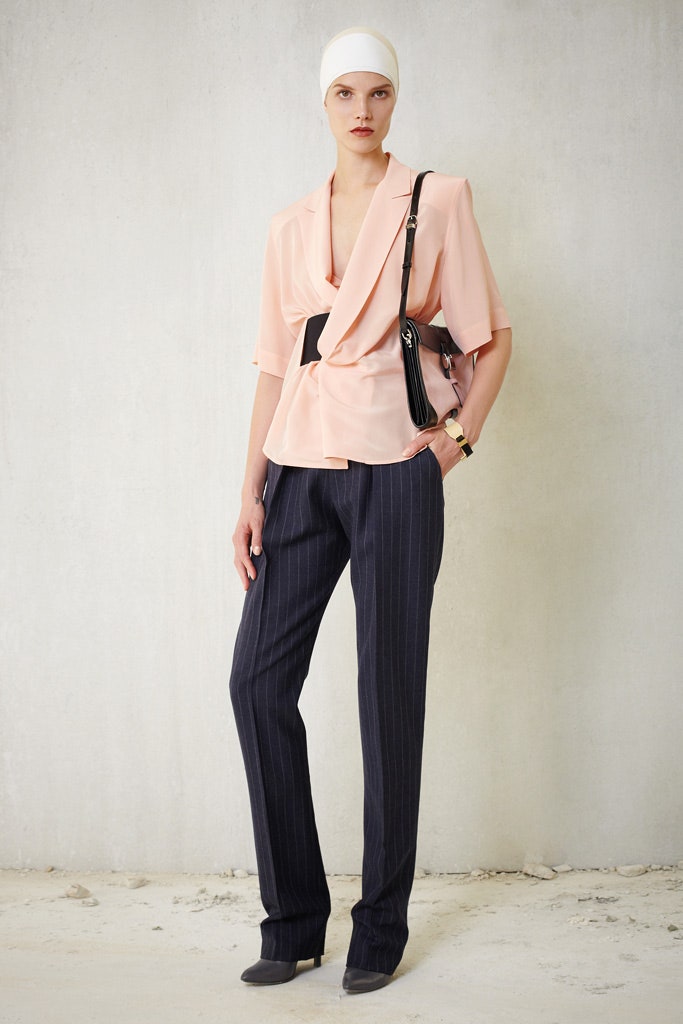 pink silk relaxed top with tailored pants