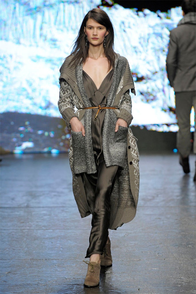 gray wool coat with brown jumpsuit
