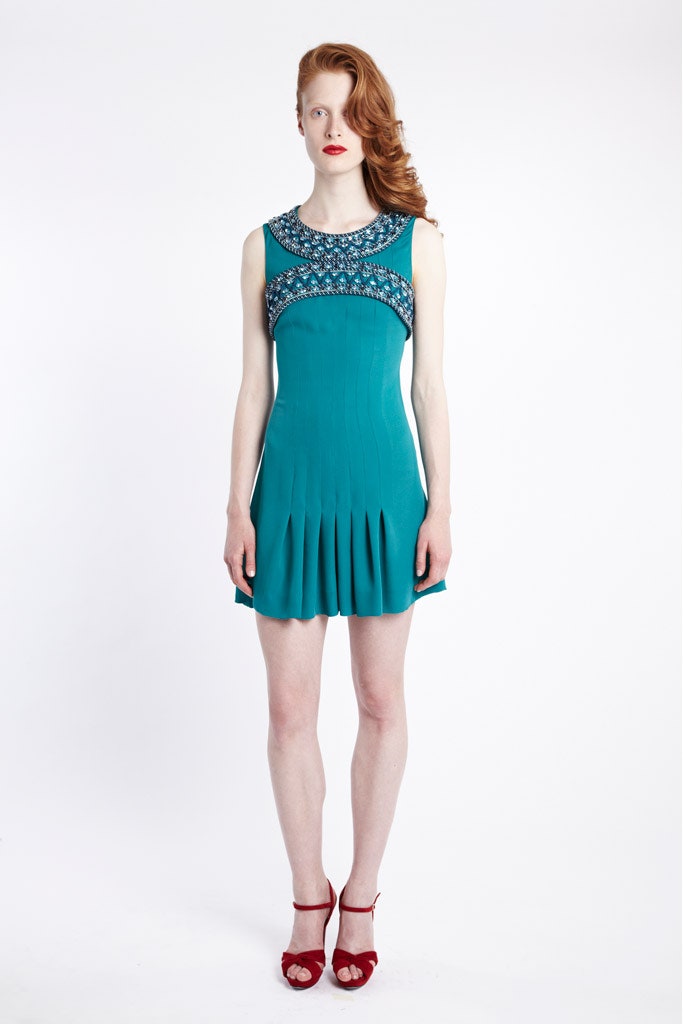 teal silk sleeveless high-neck fitted pleated embroidered dress