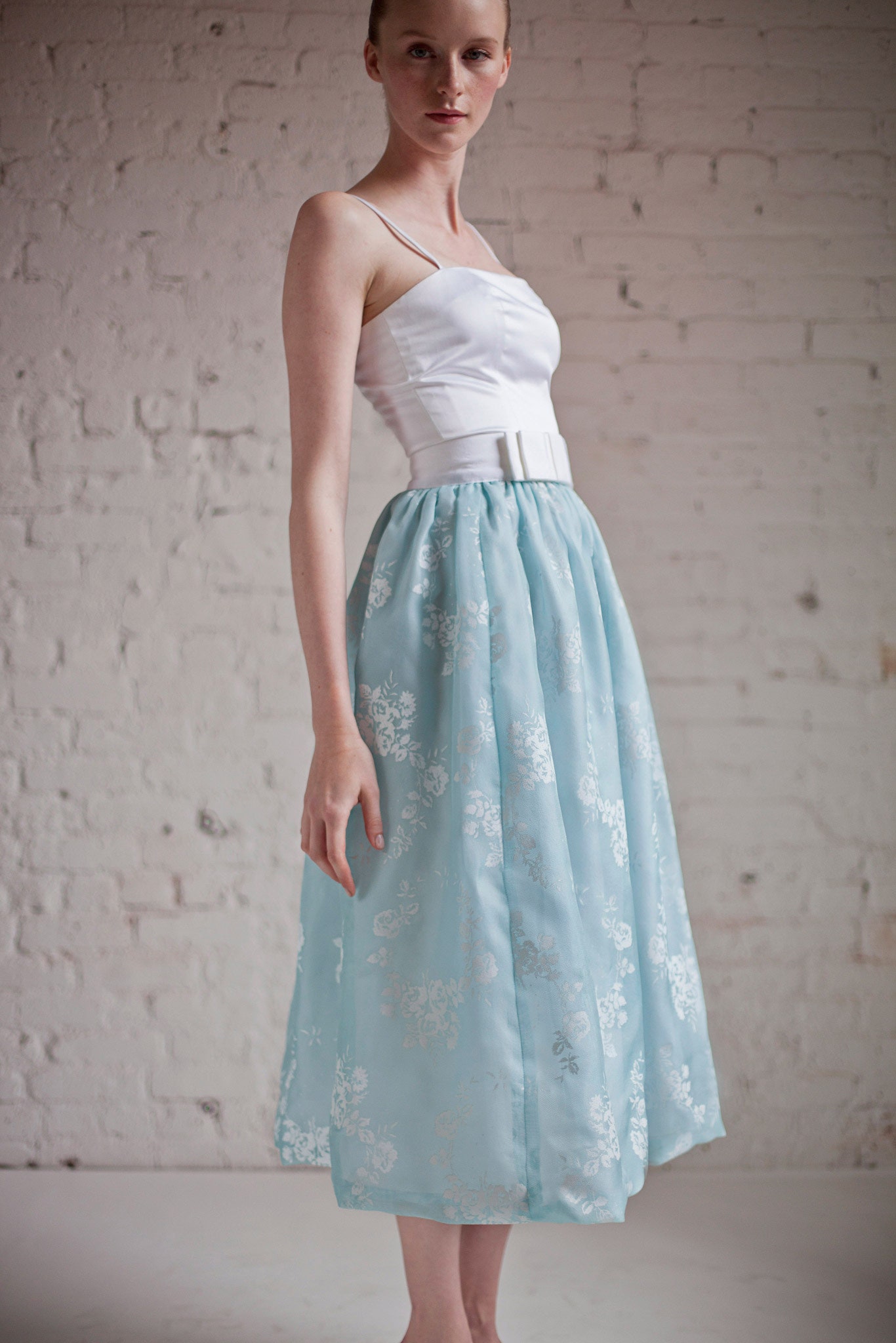 white and blue embroidered midi dress