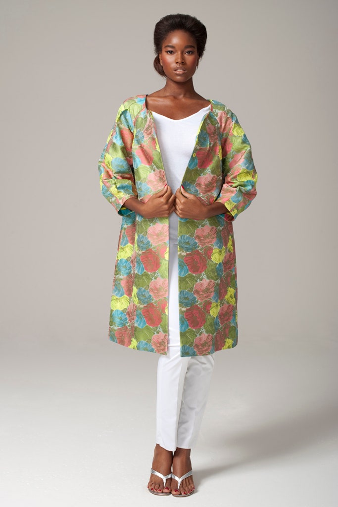 floral coat with white top and pants