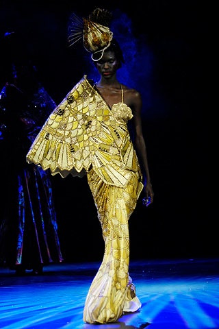 gold embroidered gown with hat