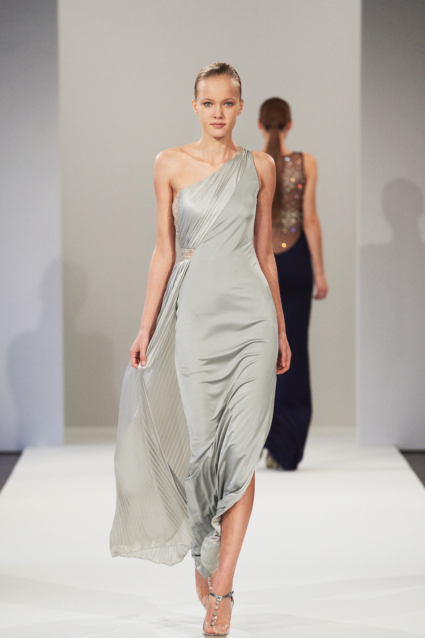 fitted gray silk gown