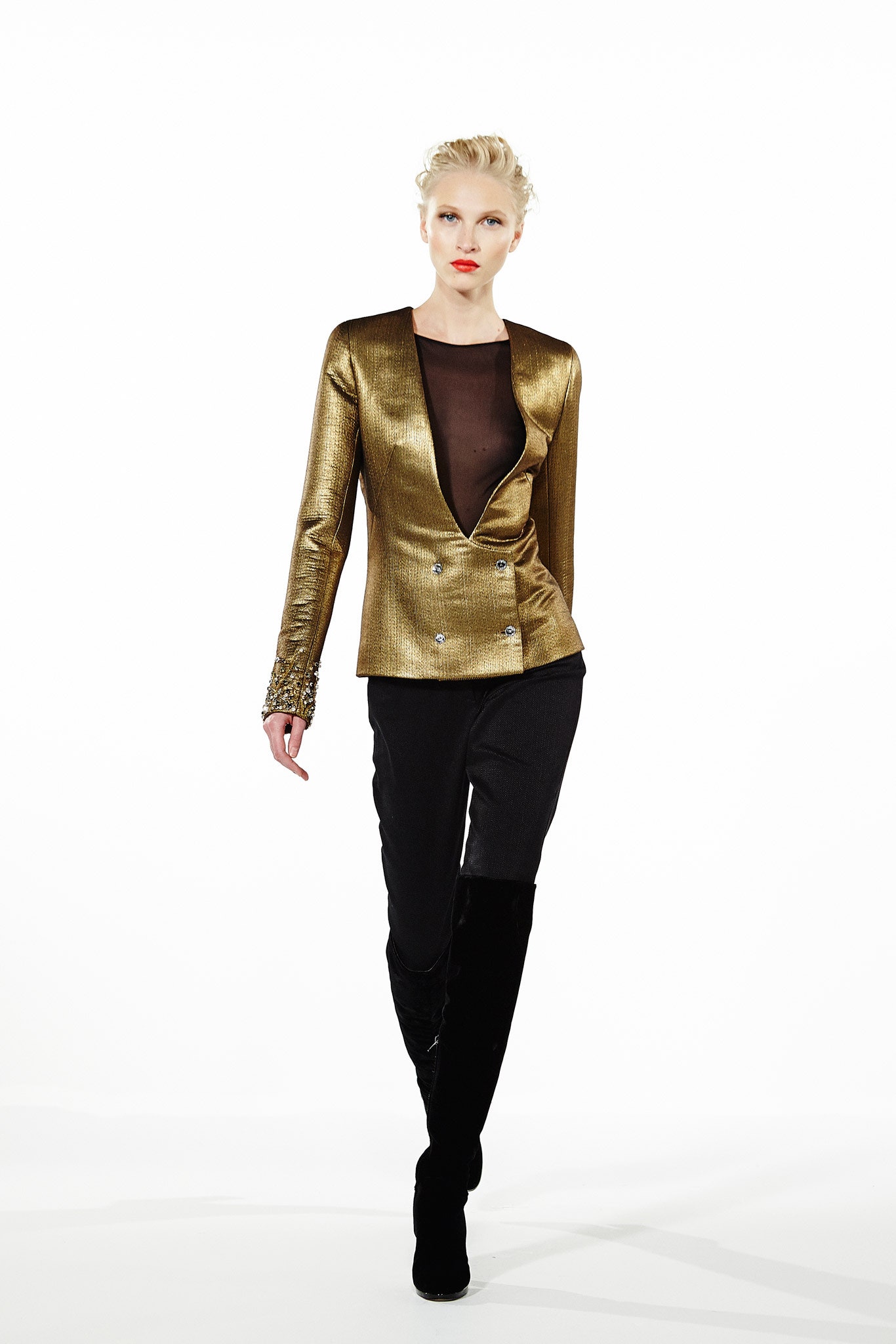 gold metallic tailored blazer and black slim pants