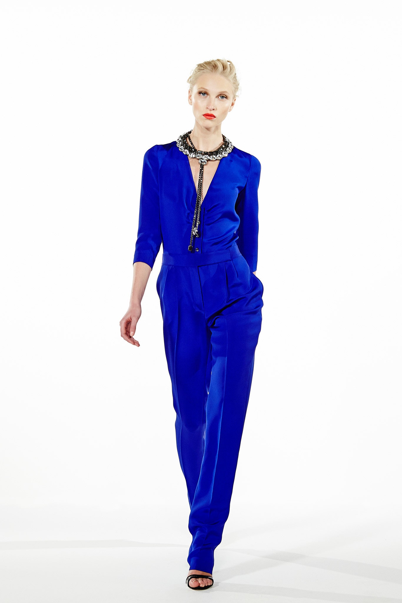 blue silk fitted jumpsuit