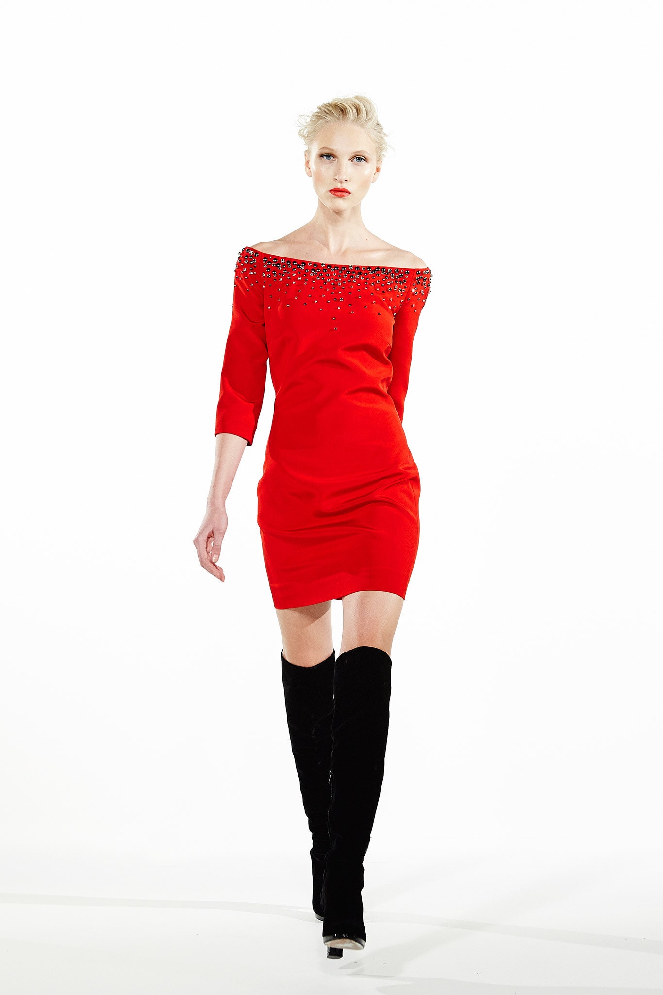 red off-shoulder beaded dress