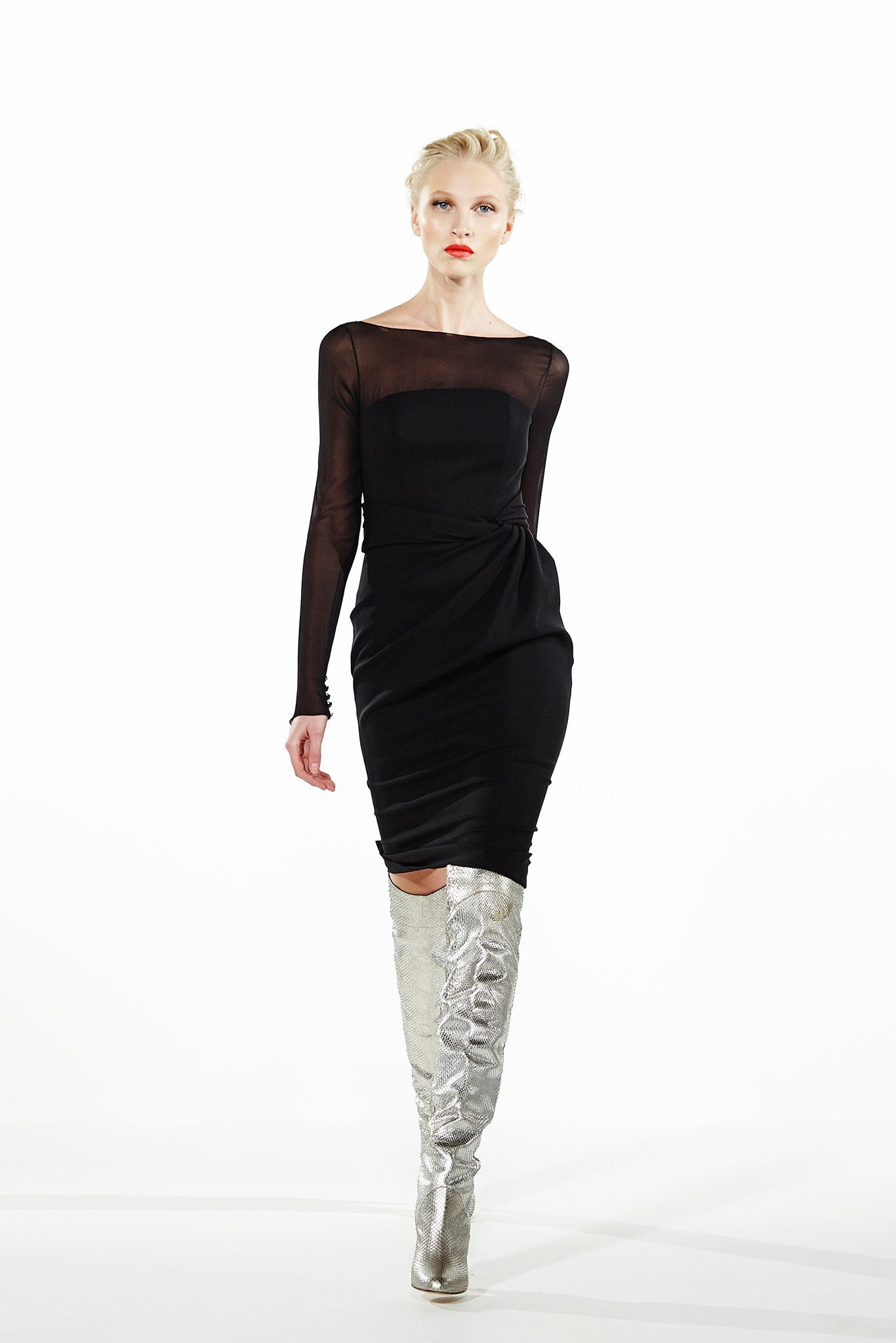 black fitted dress with silver boots