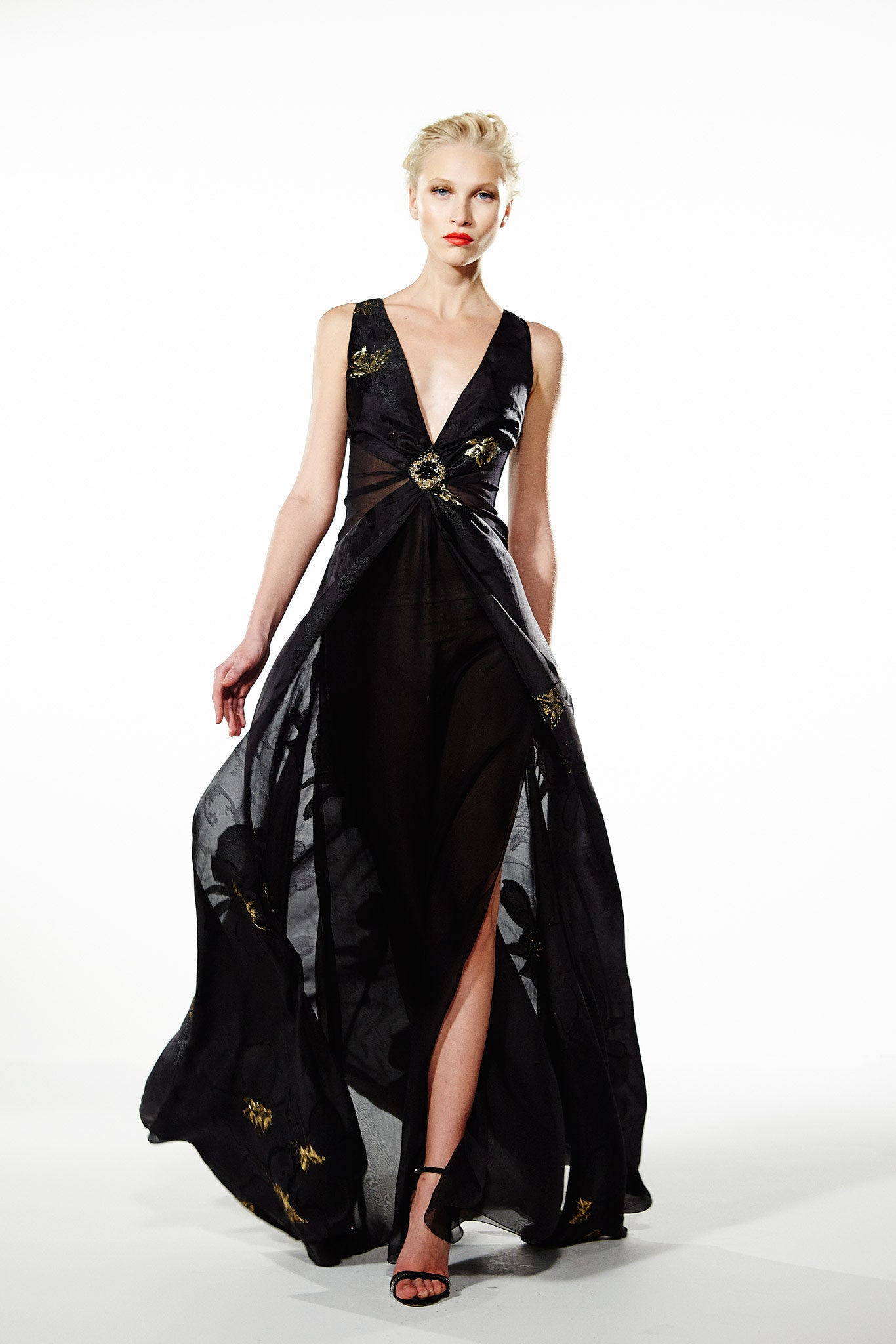 black silk sleeveless gown