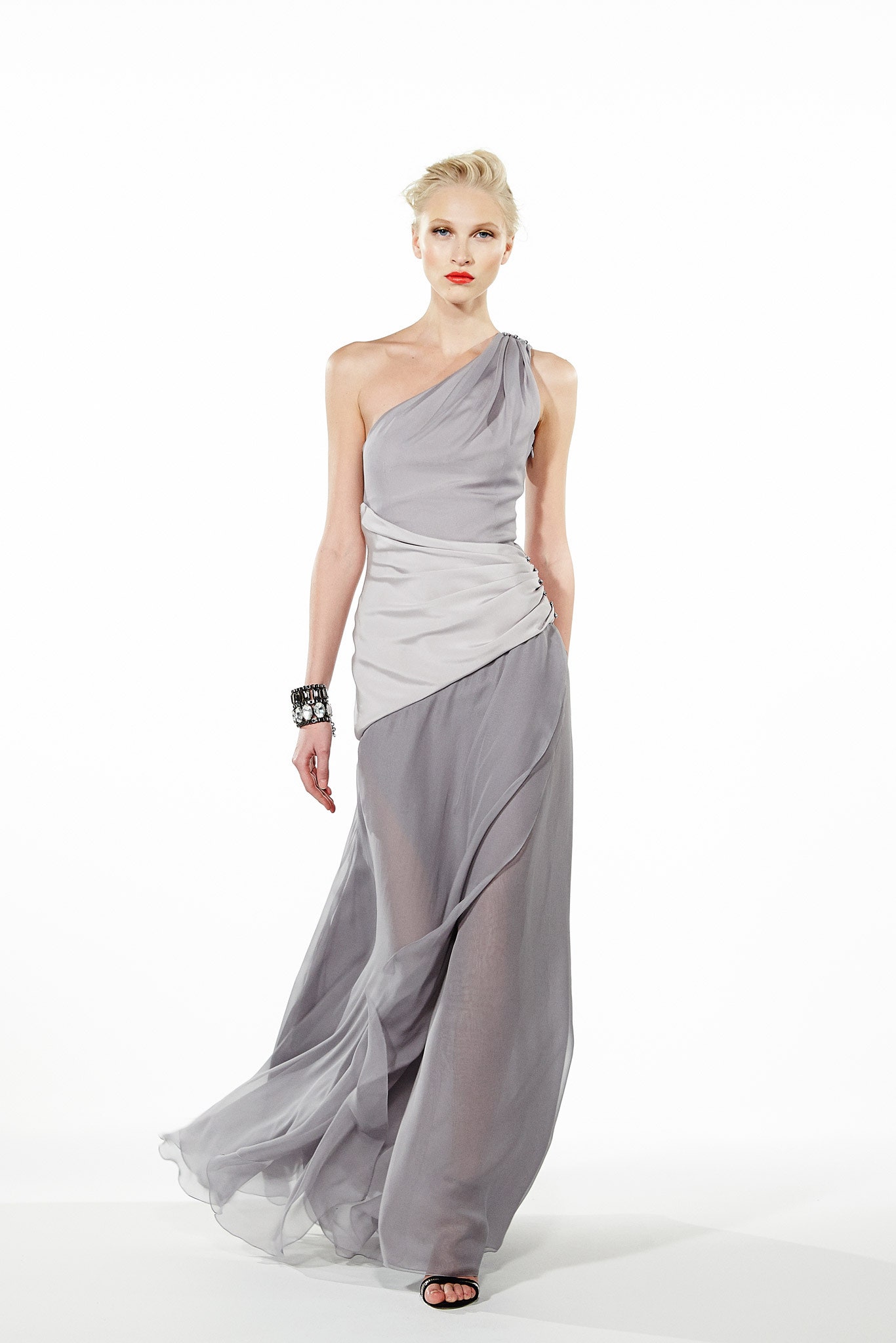gray silk one-shoulder gown