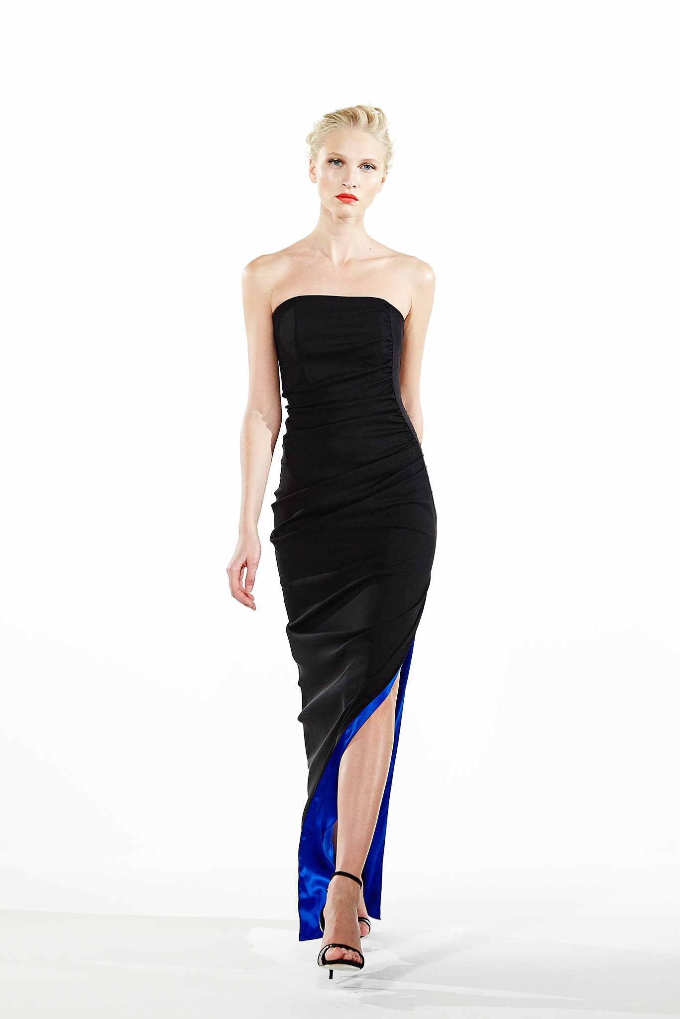 black silk strapless gown