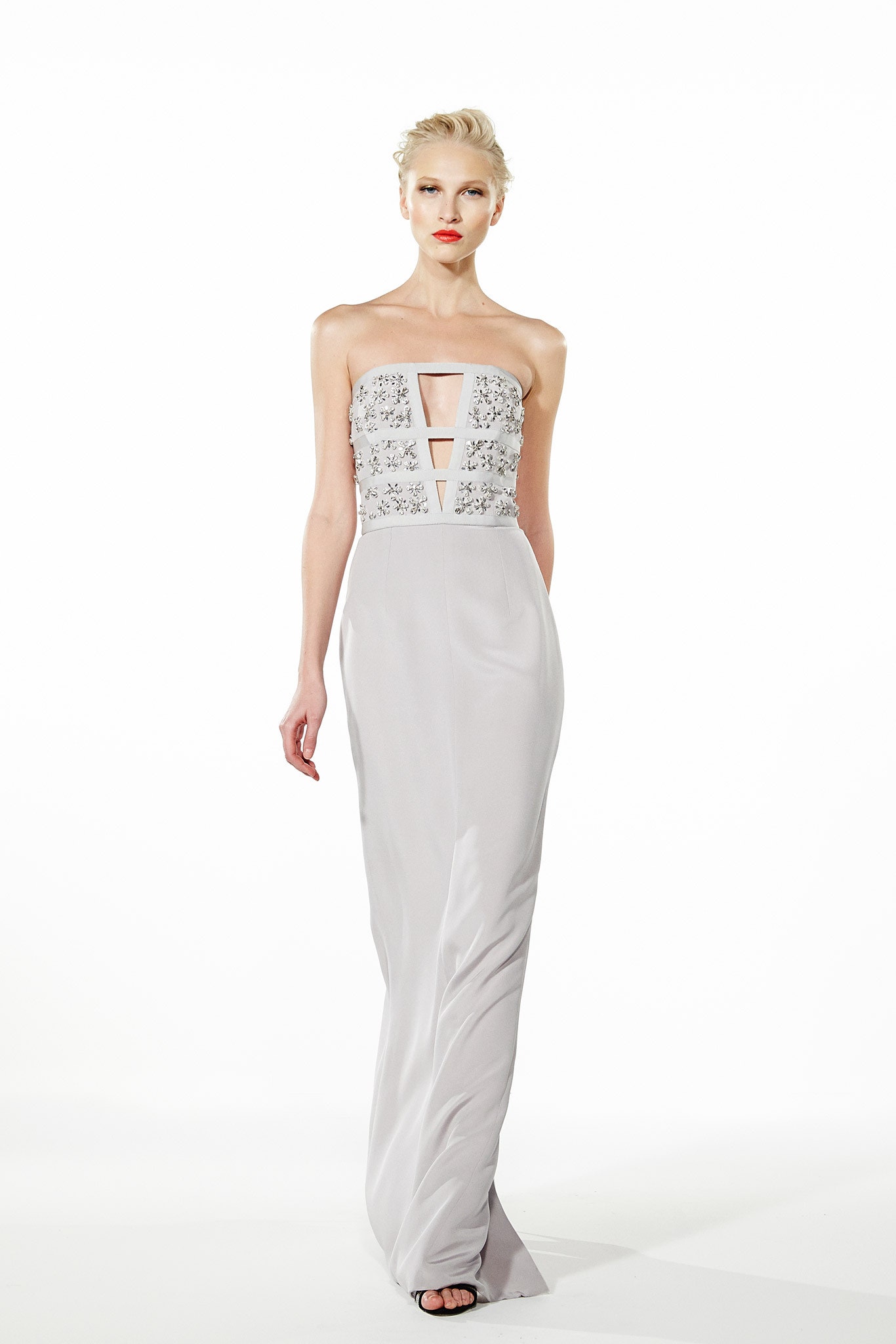gray silk strapless gown