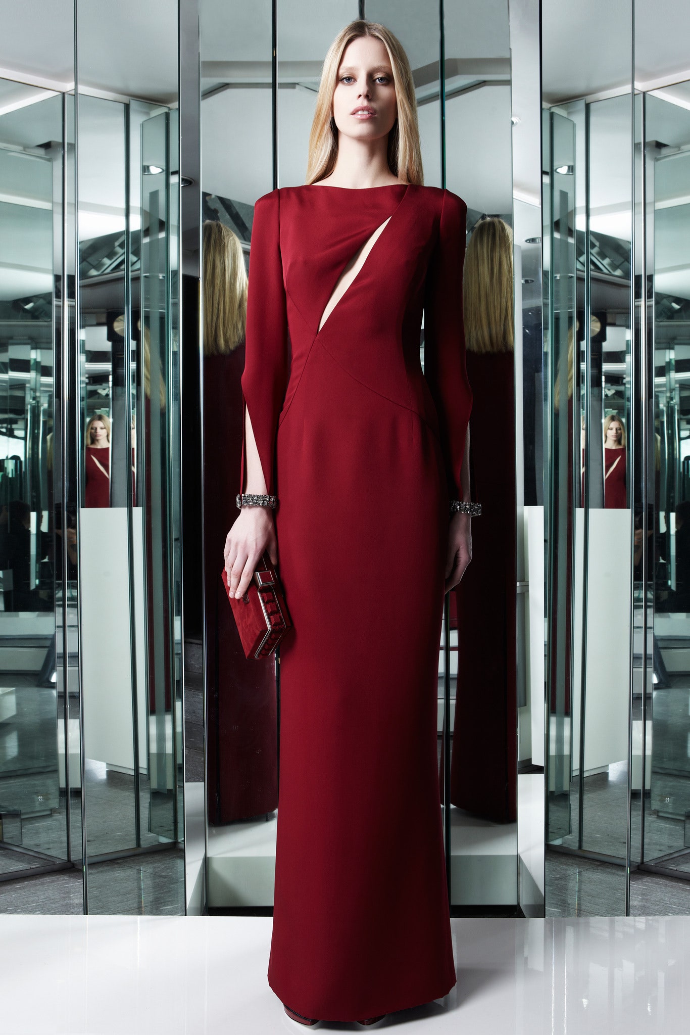 red silk fitted gown