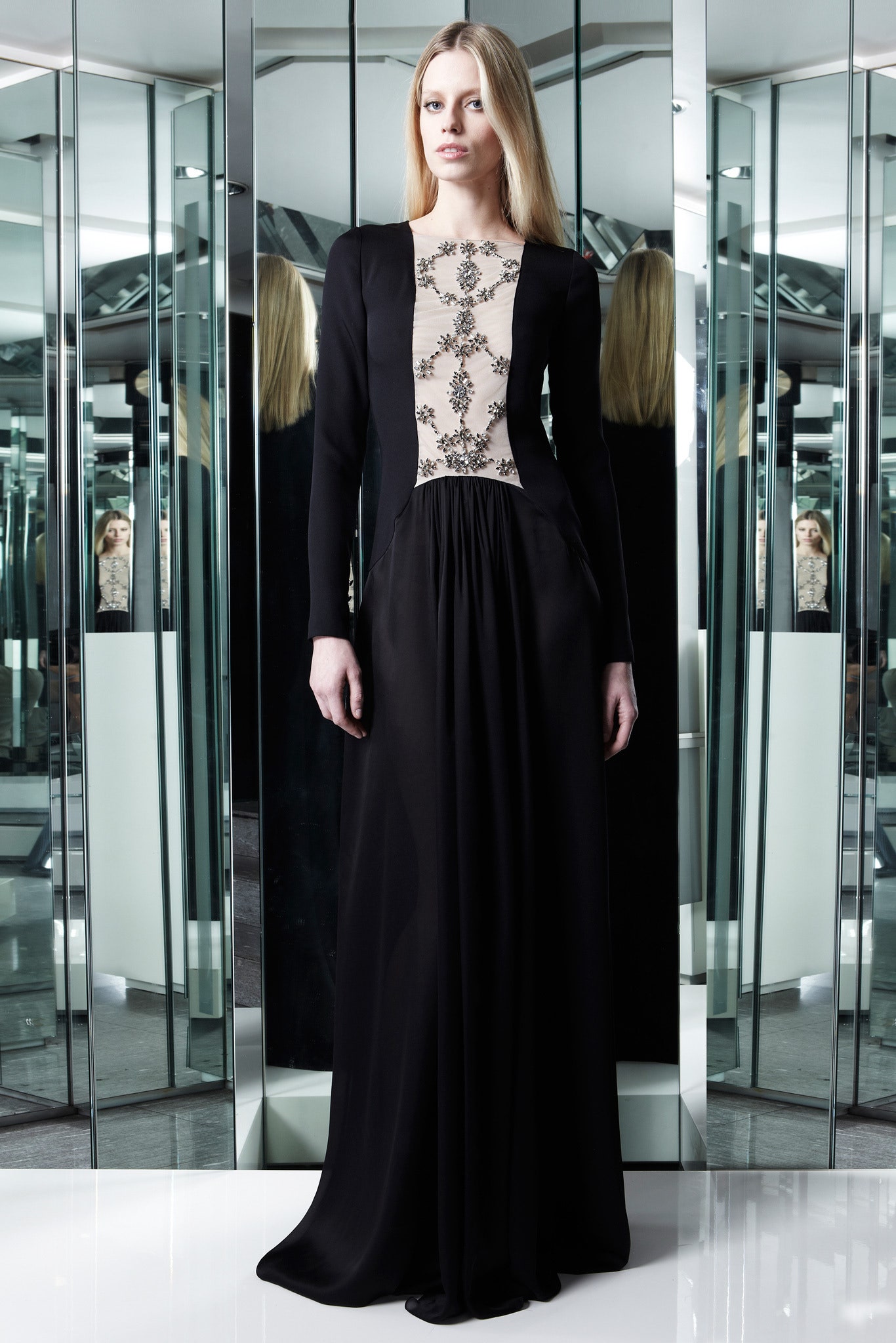 black and beige embroidered gown
