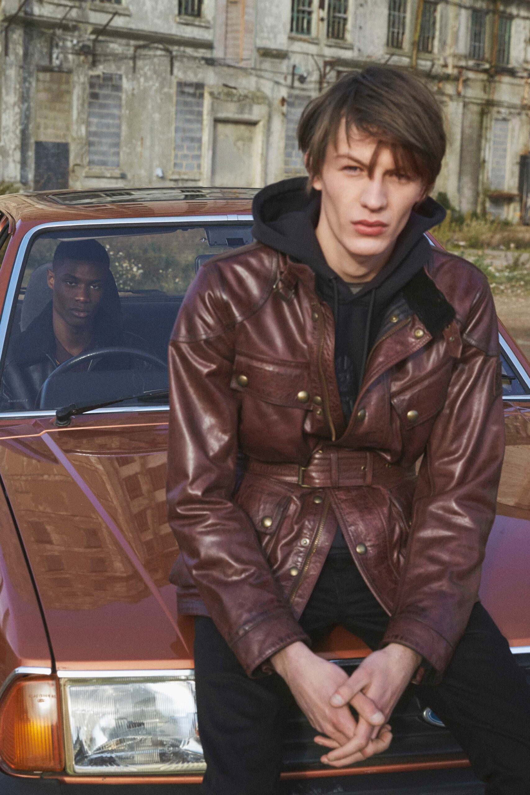 brown leather belted jacket
