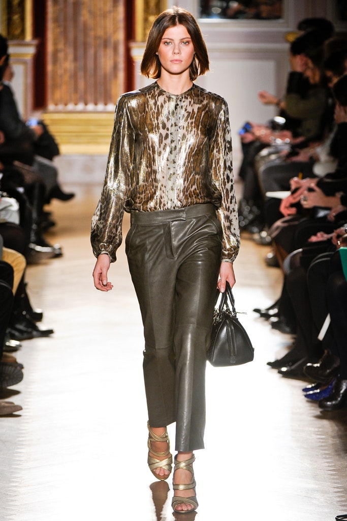 animal-print silk blouse with leather pants