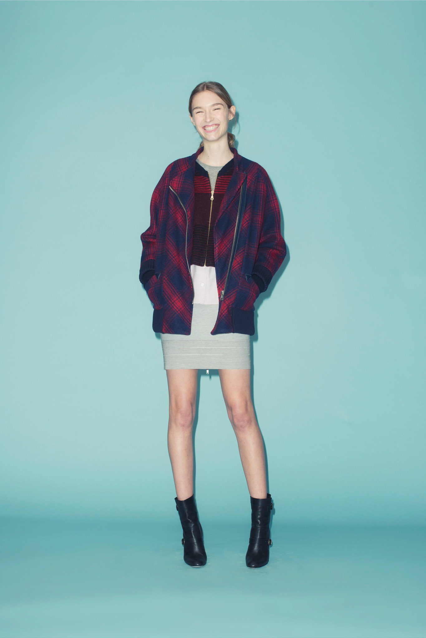 checked jacket with fitted top and skirt