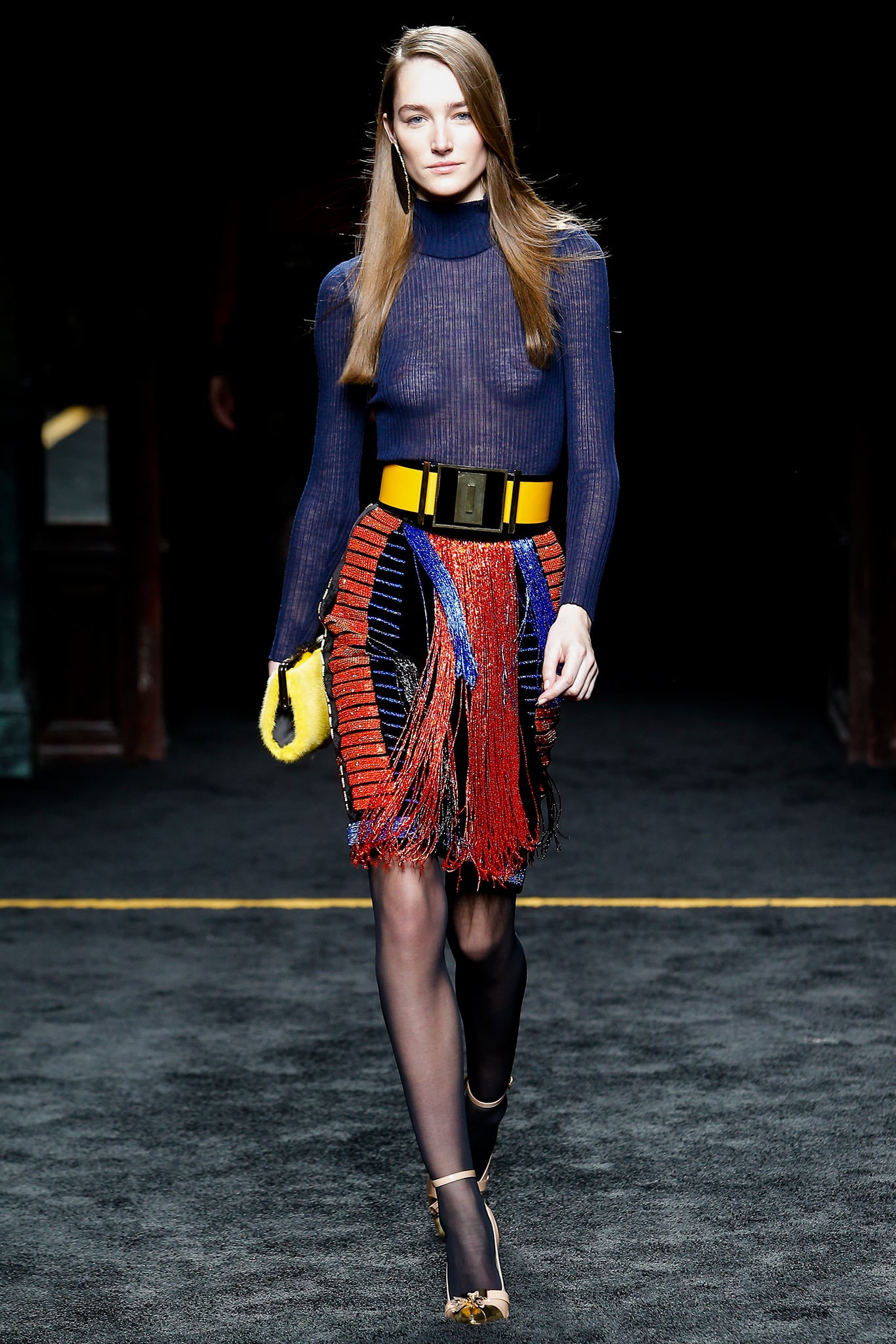 fitted blue mesh top with fringed skirt