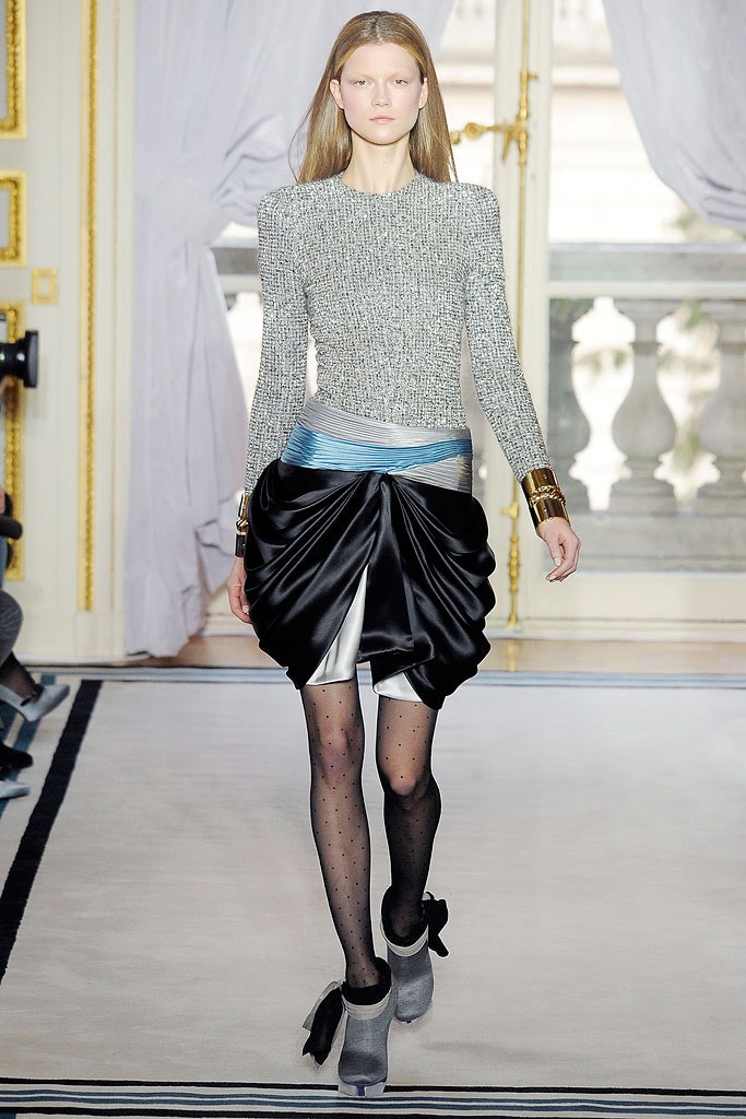 fitted gray top with black skirt