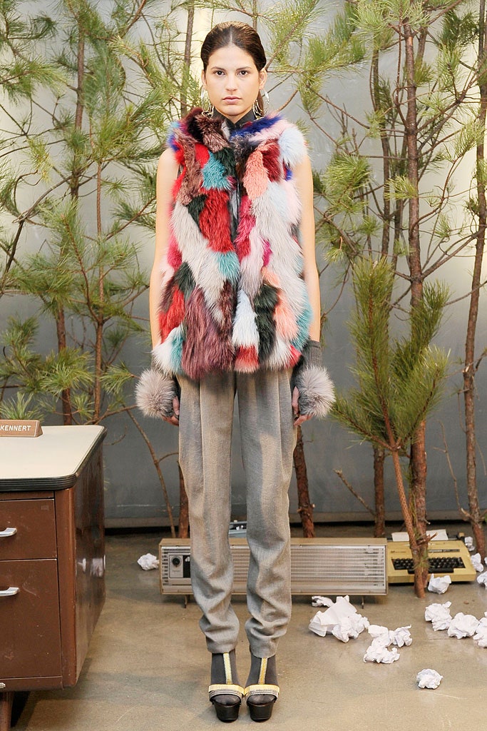 colorful fur vest with tailored pants