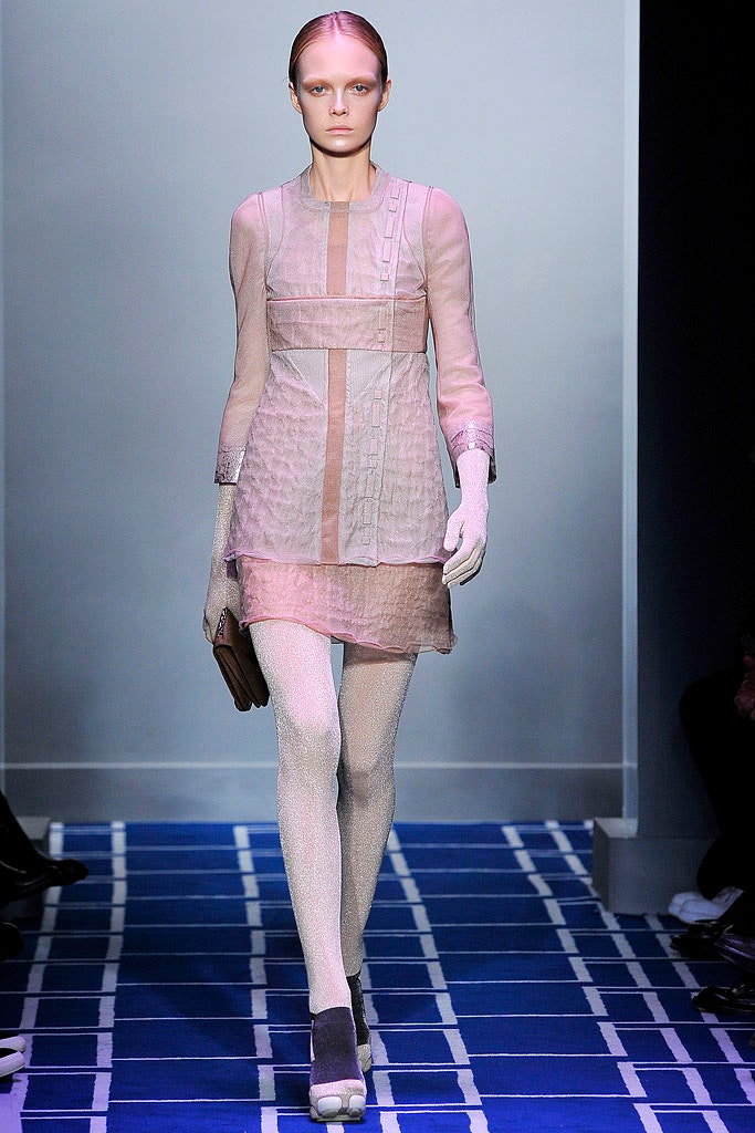 pink silk long-sleeve high-neck fitted pleated layered dress