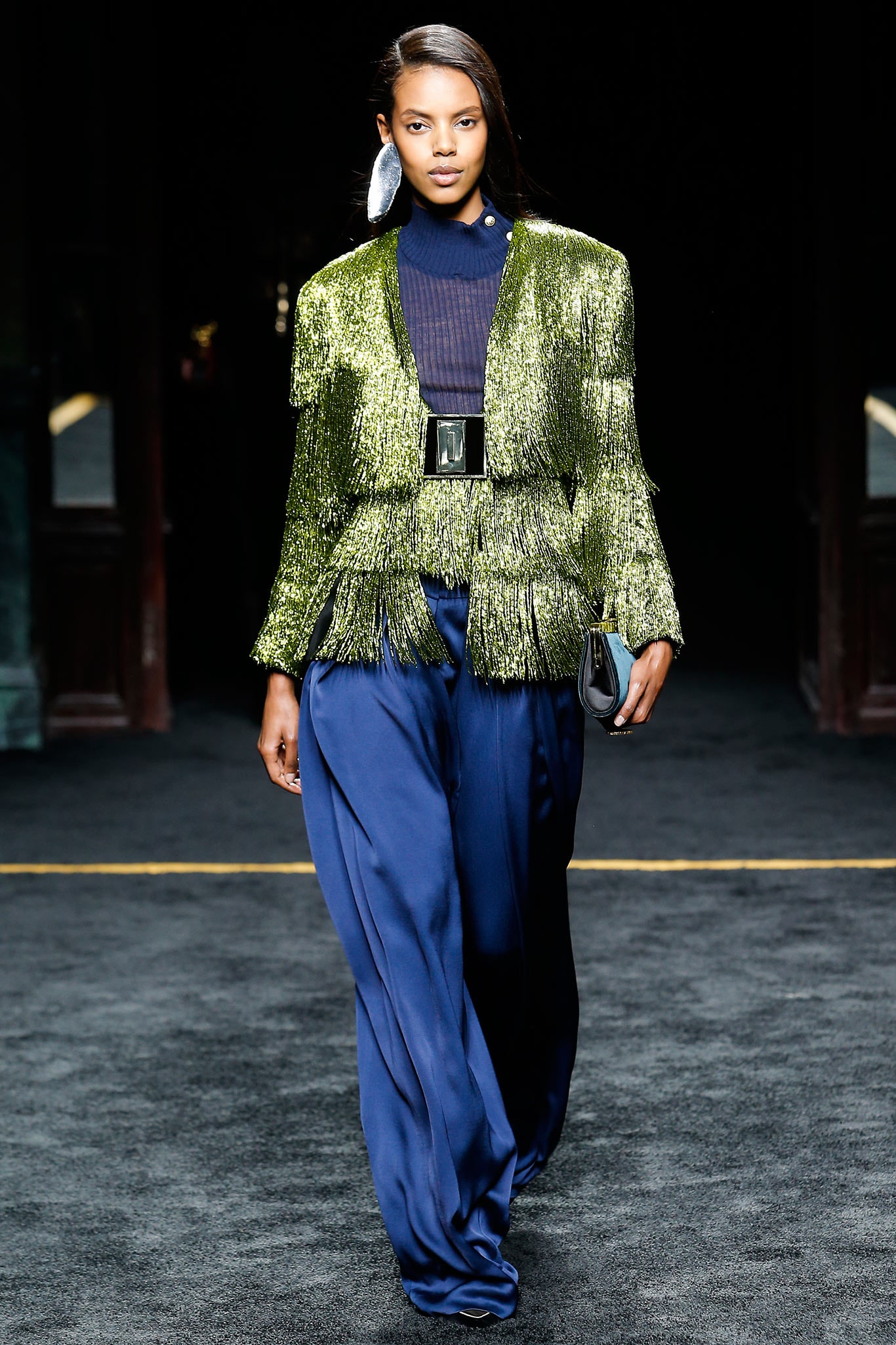 green metallic long-sleeve collared relaxed fringed shiny jacket