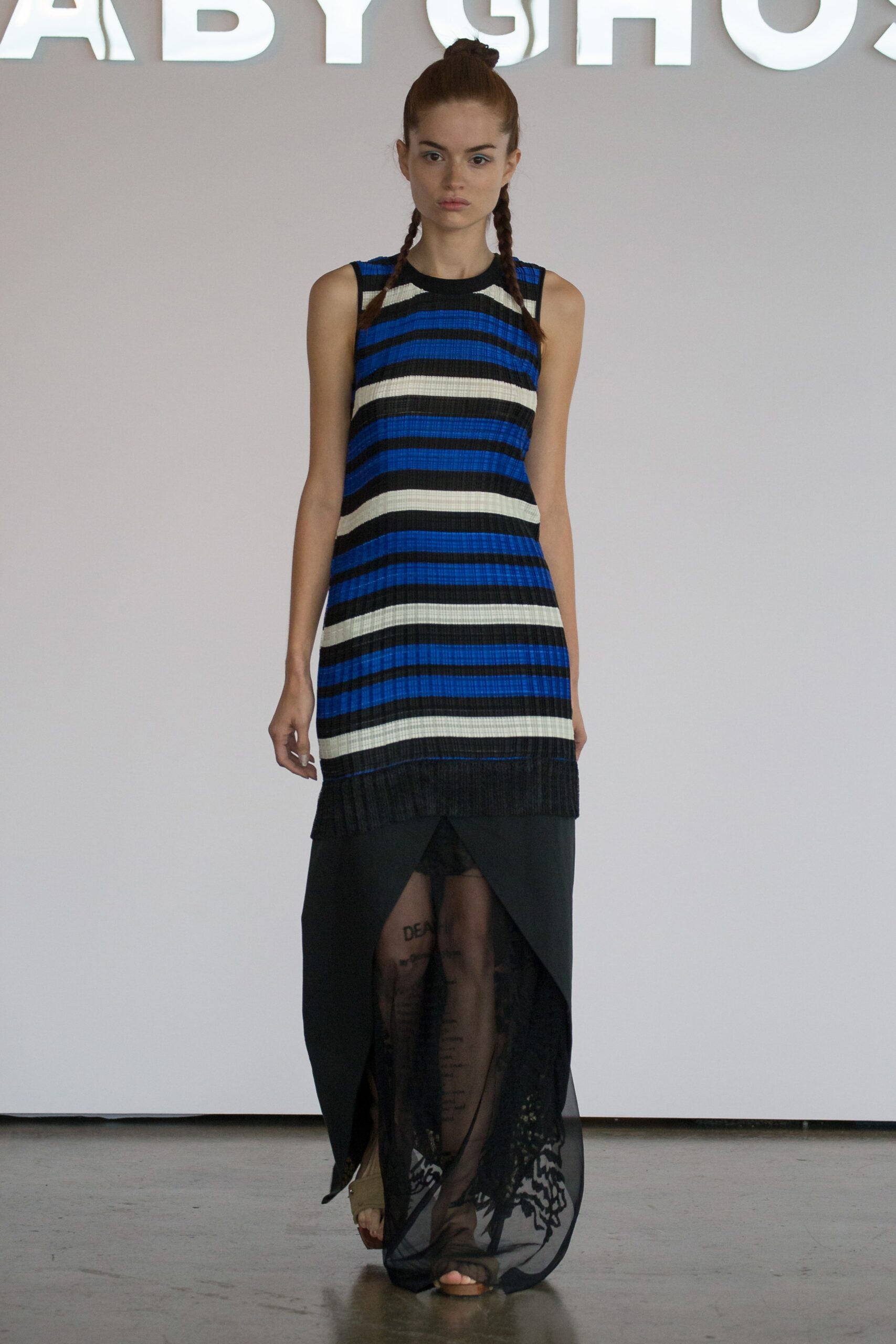 blue and black striped midi dress